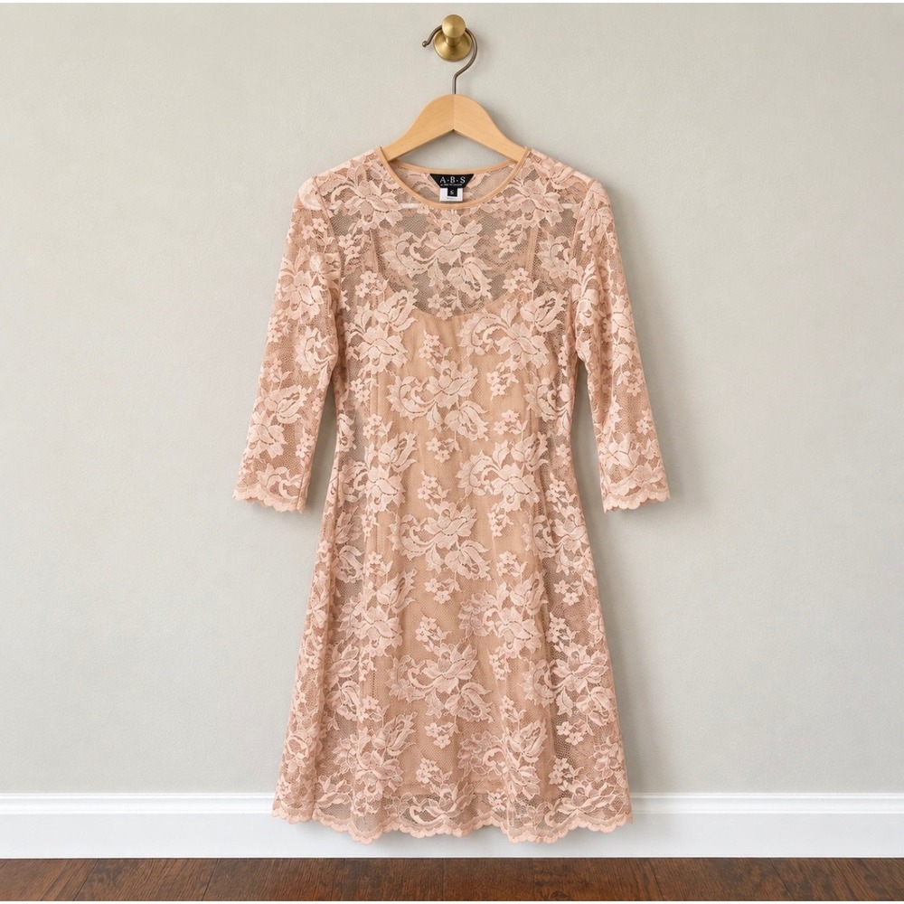 ABS by Allen Schwartz Peach Floral Lace A-Line Dress 3/4 Sleeve Small